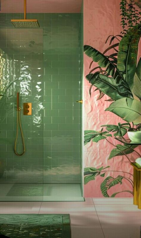 Jungalow Decor Bathroom, Pink And Green Spa Room, Pink Green Bathroom Decor, Coral Bathroom Tile, Pink Jungle Bathroom, Flamingo Bathroom Ideas, Havana Bathroom, Peach And Green Bathroom, Pink And Green Tile Bathroom