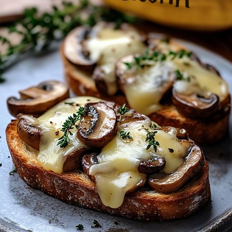 Mushroom Bruschetta With Gruyere, Mushroom Bruschetta Appetizers, Mushroom Sliders Vegetarian, Mushroom Cups Appetizer, Thanksgiving Recipes Mushrooms, New Years Starters, Mushroom Crostini Appetizers, Elegant Thanksgiving Appetizers, Mushroom Recipes Appetizer