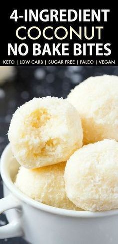 Easy and healthy no bake coconut bites made without condensed milk and needing just 4 ingredients. Made with coconut and almond flour, these paleo and vegan snacks take less than 5 minutes to whip up- They taste like raffaello! Keto, Sugar free, Low Carb. Healthy No Bake, Coconut Bites, Dessert Mousse, Coconut Balls, Postre Keto, Low Carb Snack, Vegan Coconut, Desserts Vegan, Keto Dessert Easy