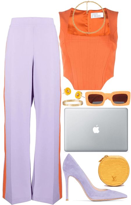 Purple Party Outfits For Women, Lilac And Orange Outfit, Purple Gold Outfit, Purple Brunch Outfit, Purple And Orange Outfit, Orange And Purple Outfit, Emily In Paris Inspired Outfits, Fashion Consultant Stylists, Clothes 2000s