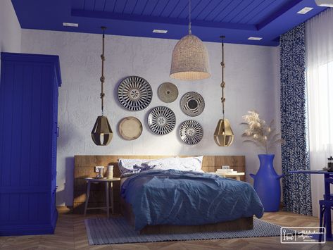 blue santorini style bedroom on Behance Bedroom Greek Style, Greek Blue Bedroom, Santorini Style Bedroom, Greece Inspired Bedroom Decor, Santorini Living Room Design, Santorini Interior Design Bedroom, Santorini Bedroom Ideas, Greek Interior Design Bedroom, Greek Style Bedroom Interior Design