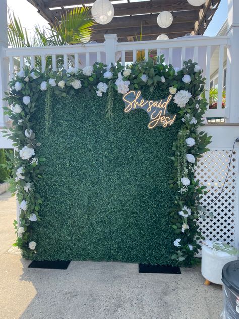 Eucalyptus Engagement Party Decor, Flower Wall Engagement Party, Engagement Party Greenery Theme, Engagement Party Background, Yard Engagement Party, Garden Themed Engagement Party, Love In Bloom Engagement Party, Engagement Party Backdrop Ideas, Floral Engagement Party