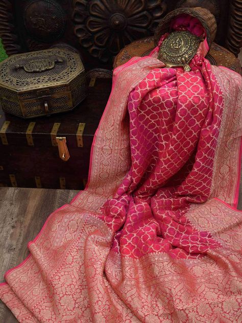 Red-Pink Half-Half Floral Zari Jaal Pure Khaddi Georgette Banarasi Saree | Sacred Weaves Pink Saree Silk, Ethnic Saree, Pure Chiffon Sarees, Indian Sari Dress, Wedding Lehenga Designs, Indian Bride Outfits, Cotton Saree Designs, Silk Saree Banarasi, Wedding Saree Collection