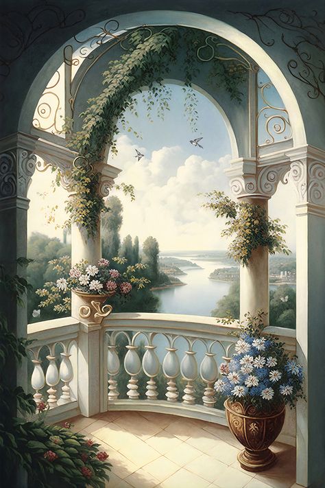 Balcony Vintage, Old Balcony, Old Painting Wallpaper, Decorating With Flowers, Castle Paintings, Vintage Painting Flowers, Pop Art Tattoos, Oil Painting Background, Castle Painting