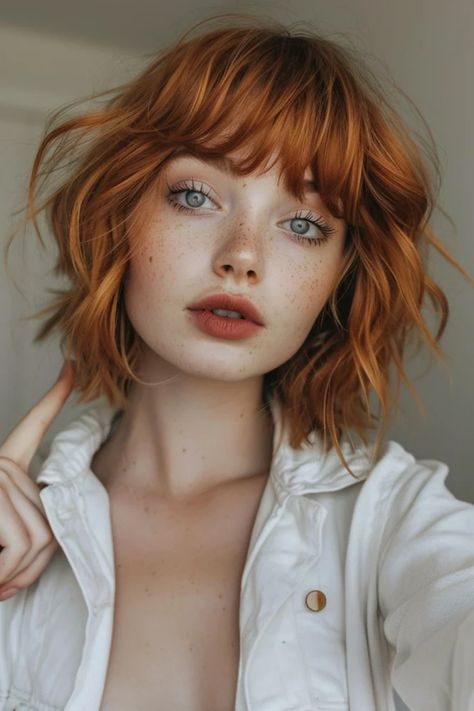 Portrait of a woman with tousled short auburn hair and freckles, blue eyes gazing at the camera, wearing a white open collar shirt. Short Copper Red Hair, Short Copper Hair With Bangs, Red Hair With Blonde Bangs, Copper Bob With Bangs, Cloud Princess, Short Copper Hair, Copper Bob, Cortes Bob, Modern Short Hairstyles