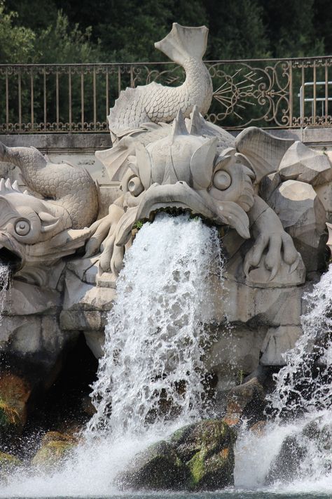 Royal Palace of Caserta, Italy.  Fountain of the Dolphins.  A close up view of the sea monsters.  They are made of Bellona’s travertine. Italy Fountain, Palace Of Caserta, Caserta Italy, Decorative Water Fountain, Fountain Statue, Landscaping With Fountains, Gothic Gargoyles, Sculpture Fountain, Lorenzo Bernini