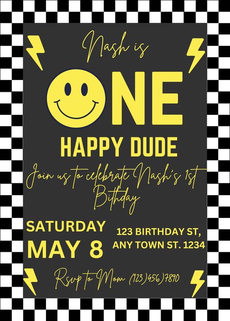 Excited to share the latest addition to my #etsy shop: ONE HAPPY DUDE | First Birthday Invitation | Digital Template | Smiley https://etsy.me/3UIK0Dn #1stbirthday #onehappydude #smiley #checkered #cute #boys #yellow #canva #studio22eventco First Birthday Smiley Face, One Happy Dude Birthday Invitations, One Happy Dude First Birthday Invitation, One Happy Dude Invitation Template, Smiley Face Birthday Invitations, One Happy Dude Invitation, One Happy Dude Colorful, One Happy Dude First Birthday, One Happy Dude Birthday