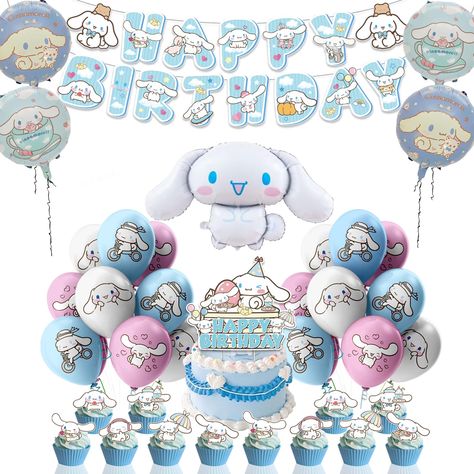 PRICES MAY VARY. 【🎉Cute Cartoon Birthday Party Decorations】Perfect party package for Cartoon/Anime lovers. There's plenty in the pack to fill a medium room up with decorations and the colours are lovely and bright. The pack includes the following items: 1 Happy Birthday banner, 12 cupcake toppers, 18 latex balloons, 5 foil balloons, 1 Happy Birthday cake topper. 【🎉High quality Material】The Kawaii birthday decorations and balloons are made from environmentally friendly Paper and non toxic latex Sanrio Cinnamoroll Birthday Party, Anime Cake Topper, Cinnamoroll Birthday Party, Cinnamoroll Party, Twin Birthday Themes, Birthday Wall Decoration, Kawaii Party, Kawaii Birthday, Cute Cartoon Anime