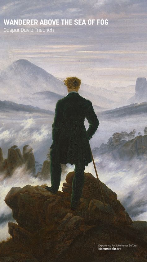 🤩🎨 Friedrich's 'Wanderer above the Sea of Fog' is an iconic image of Romanticism, portraying man versus nature. It symbolizes the journey of self-discovery and contemplation. How do you reflect on your personal and professional journey?😜 Man Above The Sea Of Fog, Wanderer Above The Sea Of Fog, Sea Of Fog, David Friedrich, Modern Words, Reference Photos For Artists, Oc Challenge, Caspar David Friedrich, Interactive Art