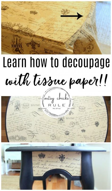 French Paper Decoupage....with TISSUE PAPER! So delicate and pretty! artsychicksrule.com #tissuepapercrafts #tissuepaperdecoupage #decoupagedfurniture #decoupagefurniture #decoupage #decoupageideas #frenchcountry #frenchcountrystyle #paintedfurniture #furnituremakeover Decoupage Dining Table Top, Modge Podge Furniture With Paper, Tissue Paper Transfer To Wood, Decoupage Tissue Paper On Wood, Decopage Furniture With Tissue Paper, Tissue Paper Transfer Art, Crafting With Tissue Paper, Tissue Paper Decoupage Diy, Tissue Paper Modpodge