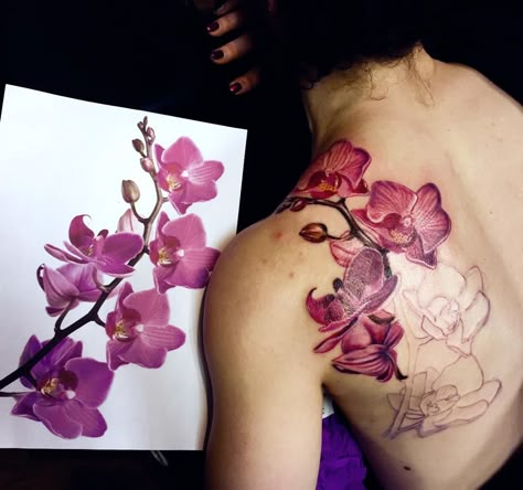 Centerpiece Tattoo, Orchid Tree Tattoo, Cataleya Orchid Tattoo, Orchid And Cherry Blossom Tattoo, Orchid Arm Tattoo, Bird Of Paradise Plant Tattoo, Orchid Sleeve Tattoo, Red Orchid Tattoo, Colourful Flower Tattoo