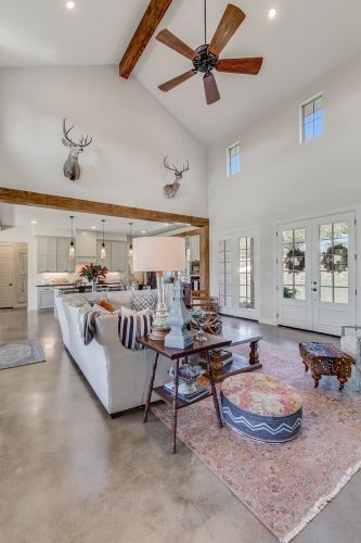 Texas Hill Country Farmhouse - All Over Solutions Hill Country Farmhouse, Concrete Floors Living Room, Concrete Floors In House, Granbury Texas, Concrete Stained Floors, Country Farmhouse Style, Barn Style House, Concrete Floor, Custom Built Homes