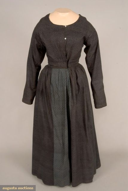 COTTON CALICO WORK DRESS, FRANCE, 1835-1860

Roller printed cotton in small scale blue and reddish brown design, collarless neckline, center front buttons and hooks & eyes, long unshaped sleeves, skirt front pleated with sides and back cartridge pleated to 1.5" inset waistband, lined with five different cottons or homespun linen, including one printed floral calico..

Augusta Auctions Womens Work Fashion, 1830s Fashion, 19th Century Women, Tasha Tudor, 19th Century Fashion, Period Outfit, Victorian Clothing, Clothing And Textile, Costume Collection