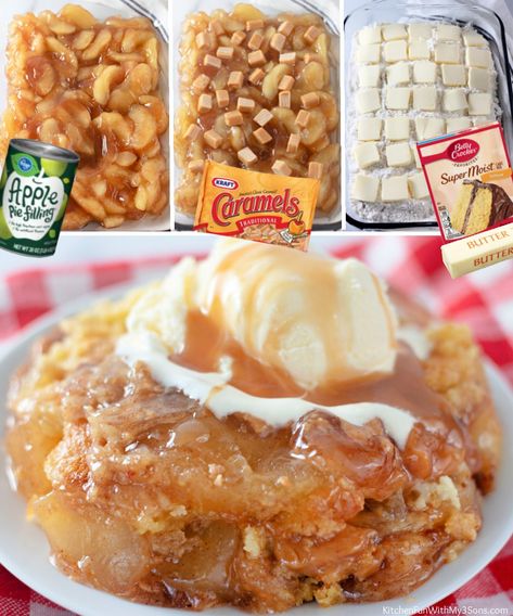 When you need a quick and easy shortcut dessert that tastes good enough to serve for company, make this Caramel Apple Dump Cake. Simple ingredients like apple pie filling, cinnamon, nutmeg, cake mix, and butter come together to make one amazing dessert! Apple Dump Cake, Caramel Apple Dump Cake, Caramel Apples Easy, Canned Apple Pie Filling, Caramel Apple Cake, Easy Caramel, Apple Dump Cakes, Caramel Bits, Apple Cobbler