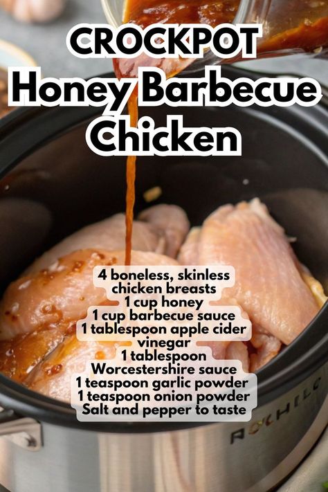 Crock Pot Honey Chicken Bbq made in Slow Cooker. The text overlay represents honey barbecue chicken in crockpot Crock Pot Bbq Chicken Recipes, Honey Bourbon Chicken Crockpot, Crock Pot Bbq Chicken Breast, Honey Bbq Chicken Crockpot, Crockpot Bbq Chicken Recipes, Bbq Chicken Crockpot Easy, Easy Crockpot Bbq Chicken, Honey Garlic Chicken Crock Pot, Chicken In A Crockpot