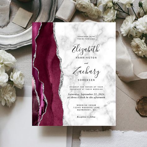 $1.28 | Budget Burgundy Agate Marble Wedding Invitation #elegant, trendy, modern, chic, burgundy silver, agate geode, marble, silver glitter, watercolor, budget Burgundy And Grey Wedding, Marble Wedding Invitation, Burgundy Decor, Gray Wedding Colors, Glitter Watercolor, Marble Invitation Wedding, Silver Invitation, Silver Wedding Invitations, Agate Wedding