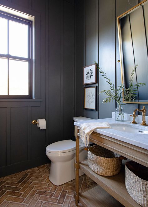 Washroom Plan, Herringbone Pavers, Blue Powder Room, Brick Herringbone, Tiffany Leigh Design, Moody Bathroom, Dark Bathroom Ideas, Dark Bathrooms, Cottage Bathroom