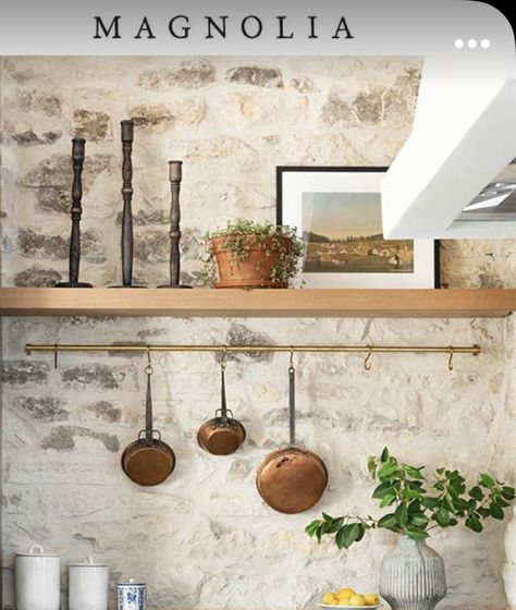 Faux Stone Wall Interior, Pink Kitchenaid, Joanna Gaines Kitchen, Stone Fireplace Makeover, Modern Country Decor, Stone Backsplash Kitchen, Kitchen Floating Shelves, Faux Stone Walls, Stone Walls Interior