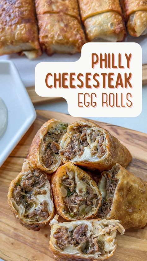 Philly Cheesesteak Eggrolls, Cheesesteak Eggrolls, Egg Roll Recipes, Philly Cheesesteak, Ground Beef Recipes For Dinner, Egg Roll, Philly Cheese Steak, Beef Recipes Easy, Beef Recipes For Dinner