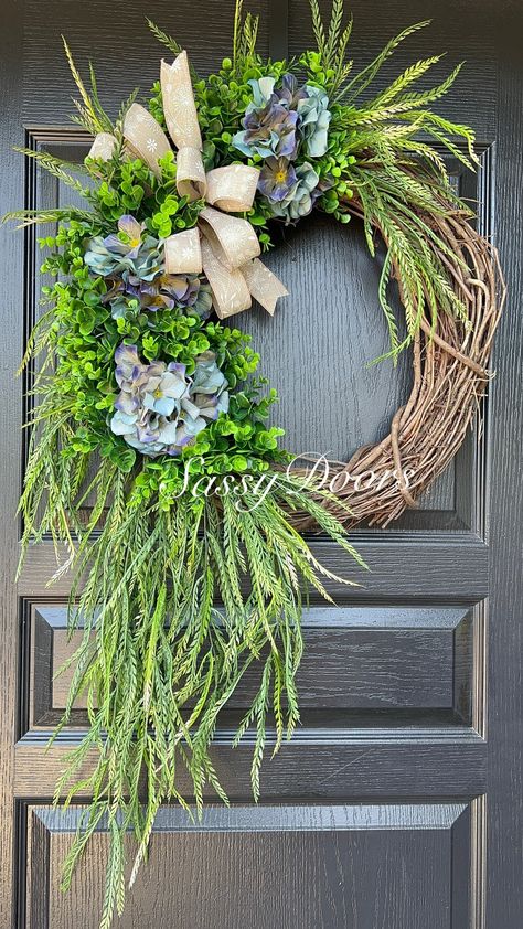 Hydrangea Wreath, Everyday Wreath, Monogram Wreath, Blue Hydrangea Wreath, Wreath For Front Door Green Wreaths For Front Door, Hydrangea Wreaths For Front Door, Green Hydrangea Wreath, Hydrangea Door Wreath, Blue Hydrangea Wreath, Floral Door Wreaths, Spring Floral Wreath, Botanical Plants, Dried Hydrangeas