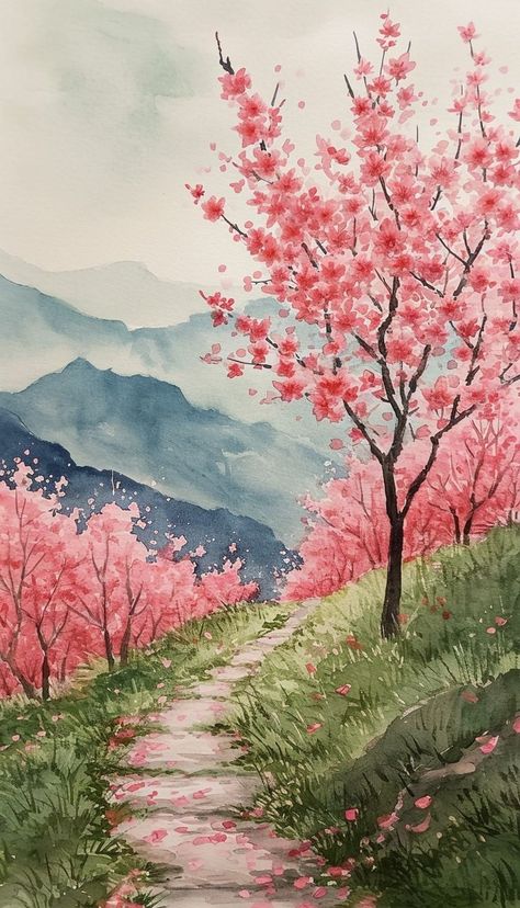 Japanese Painting Cherry Blossom, The Distance Between Me And The Cherry Tree, Japanese Blossom Tree Painting, Sakura Painting Watercolour, Spring Blossom Painting, Sakura Tree Watercolor Painting, Watercolour Painting Ideas Landscape, Garden Painting Watercolor, How To Paint Sakura Tree