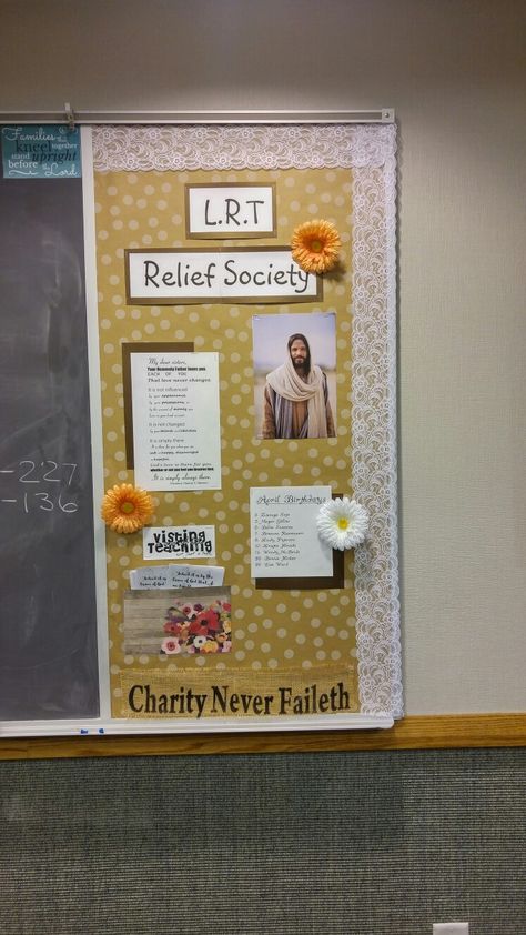 Rs Bulletin Board Ideas, Lds Relief Society Bulletin Board Ideas, Relief Society Bulletin Board Ideas 2024, Relief Society Bulletin Board Ideas 2023, Relief Society Bulletin Board Ideas, Relief Society Bulletin Board, Church Tables, Bulletin Board Makeover, Society Poster