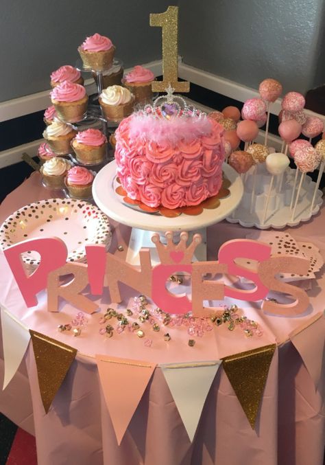 Looking to do a pink & gold themed 1st birthday party? I chose to do one and it turned out great. Here’s some tips and info from our successful party… *Hobby Lobby (www.hobbylobby.c… Princess Birthday Outfit For Mom, Princess Smash Cake 1st Birthday, Princess Smash Cakes, Gold First Birthday Party, Pink And Gold First Birthday, 1st Birthday Princess, Princess First Birthday, Pink Gold Birthday, Gold First Birthday