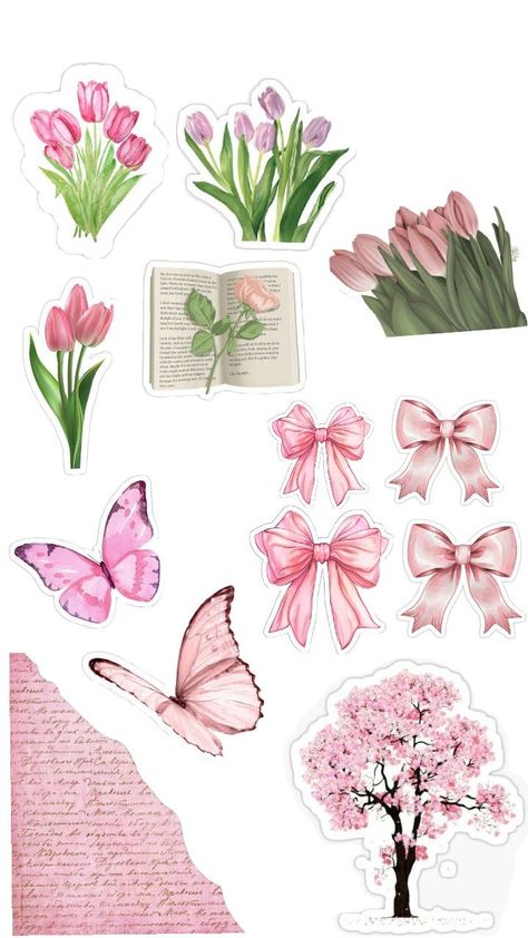 Scrapbook Pink Theme, Scrapbook Cutouts Free Printable, Pink Coquette Stickers, Flowers For Collage, Pink Stickers Printable, Pink Scrapbook Aesthetic, Recortes Aesthetic, Things To Print, Printables Aesthetic