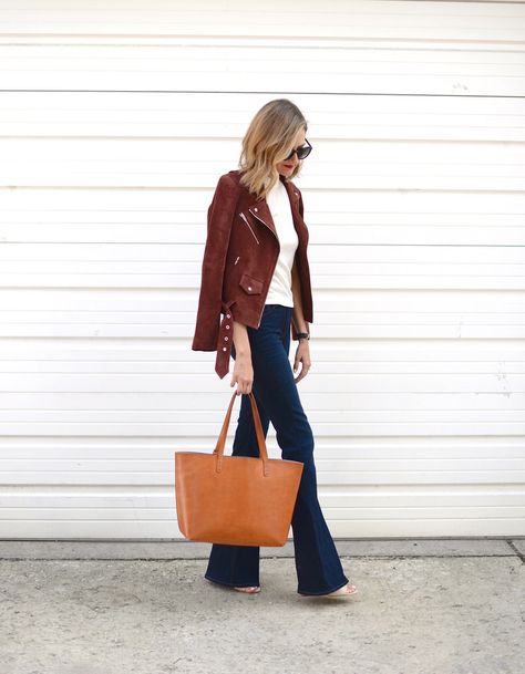 The Fall Suede Jacket (See Jane Wear) via See Jane / @seeannajane Suede Jacket Outfit, Black Flared Jeans, 5 Outfits, Suede Outfit, Black Round Sunglasses, Brown Moto Jacket, Suede Moto Jacket, Business Chic, Fashion Jackson