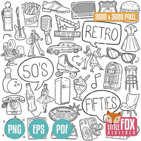 50s Doodles, 50s Drawings, Retro Doodles, Icons Doodle, Growing Up In The 2000s, 50s Aesthetic, Drawing Set, Craft Paper, Retro Music