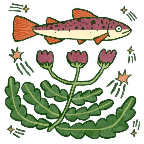 Summer Animal Illustration, Colorful Fish Drawing, Cute Fish Illustration, Fish Illustration Art, Funky Illustrations, Fish Doodle, Fish And Flowers, Fish Drawing, Vintage Illustration Art