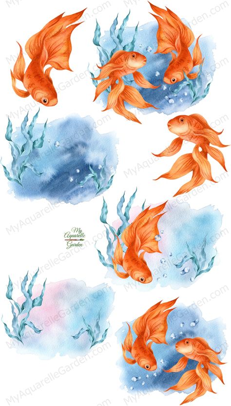 Goldfish. Under water (backgrounds). Undersea Watercolor, Sea Clip, Room Decoration Diy, Nautical Nursery Art, Forest Coloring Book, Water Watercolor, Enchanted Forest Coloring, Baby Animal Drawings, Watercolor Clip Art