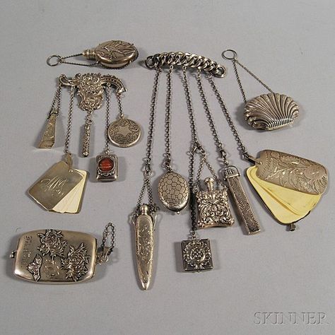 Sterling Silver chatelaine: a small Shiebler purse floral & sea life decoration; a Shiebler chatelaine with notepad, dictionary, pencil, and other items; an unmarked shell-form purse; a Tiffany bird-decorated perfume; and an unmarked chatelaine hung with notepad, perfume, pencil set, locket, and other items, approx. 14.2 troy oz. Sea Life Decor, Victorian Accessories, Vintage Sewing Notions, Antique Engagement Ring, Silver Items, Laura Biagiotti, Chatelaine, 판타지 아트, Victorian Jewelry