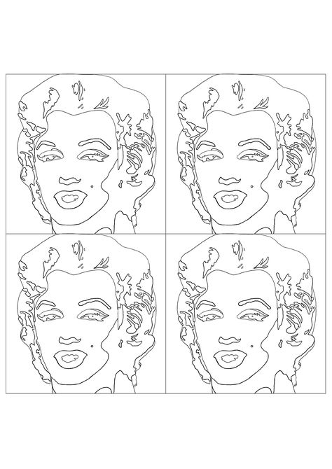 Coloring page created from 'Shot Sage Blue Marilyn' by Andy Warhol (version with four portraits) - JustColor.net : Free adult printable coloring pages Art Coloring Pages For Adults, Famous Art Coloring, Andy Warhol Portraits, Famous Pop Art, Andy Warhol Marilyn, House In New York, Art Coloring Pages, Andy Warhol Pop Art, Pop Art Coloring Pages