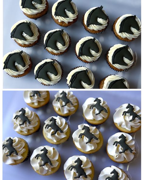 Preakness order pt 2. Vanilla and carrot cake mini cupcakes with hand piped horses in royal icing 🏇 . . . . . #cupcake #cupcakes #cupcakesofinstagram #minicupcakes #preakness #maryland #horse #horseriding #cute #dessert #desserts #food #foodporn Cupcake Horse Cake, Horse Cupcakes Ideas Easy, Horse Party Cupcakes, Horseshoe Cupcake Cake Pull Apart, Horse Head Cupcake Cake, Carrot Cake Mini, Pony Cupcakes, Horse Cupcakes, Kids Cupcakes