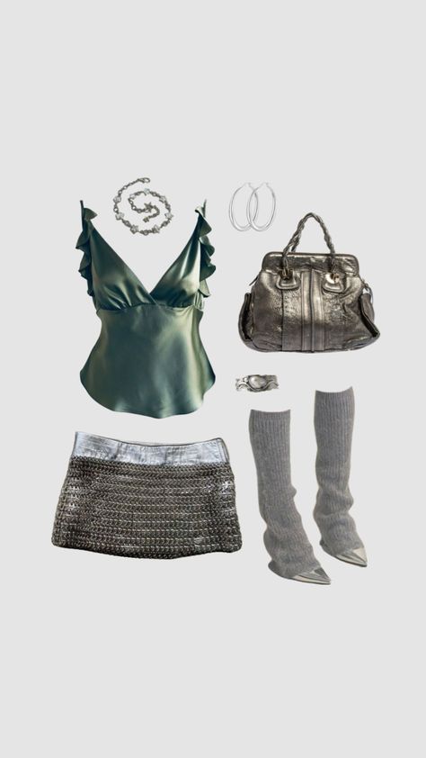 metallic outfit 🩶 #outfitinspo #outfitideas #fit #fitinspo #metallic #silver #chainmail #cybery2k #beauty #vintage #vibes #miniskirt #greenblue #silkblouse #pearlnecklace #freshwaterpearls #sterling Big Gold Hoop Earrings, Girls Rockstar, Teal Color Schemes, Wool Leg Warmers, Hoop Earrings Chunky, Large Silver Hoop Earrings, Teal Green Color, Thick Hoop Earrings, Night Club Outfits