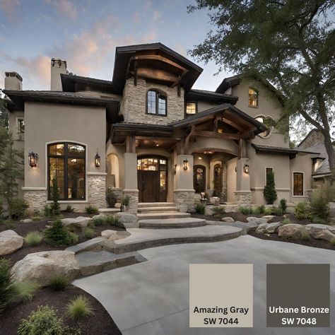 Top Exterior House Colors in 2024 Urbane Bronze Trim, Sw Amazing Gray, Brown Exterior House Colors, Rustic Exterior House Colors, Stucco House Colors, Outside House Colors, Urbane Bronze, Amazing Gray, Stucco Colors