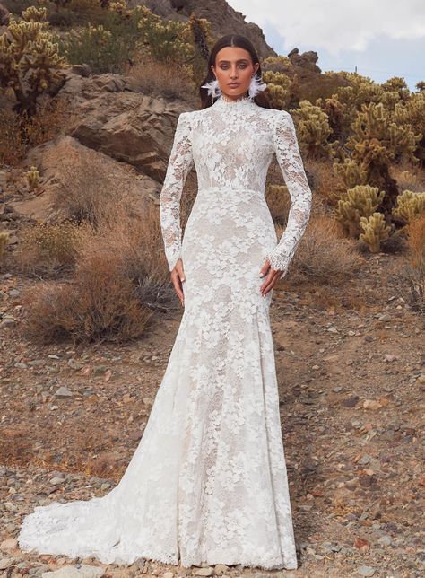 Katb Ketab Dresses, Katb Ketab, Wedding Dresses Trumpet, Modest Lace Wedding Dresses, Unique Boho Wedding Dress, Calla Blanche, Wedding Dress With Long Sleeves, High Neck Wedding Dress, Wedding Dress With Lace