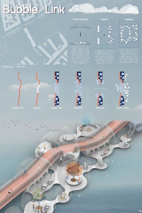 Bubble Link | Concept Architecture Project Bridge Architecture Concept, Floating Architecture Concept, Water Architecture Concept, Public Space Design Concept, Architecture Project Layout, Water Design Architecture, Bubble Architecture, Pedestrian Bridge Design, Art Gallery Architecture