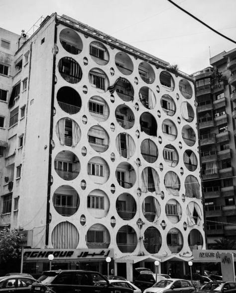 Architecture Cool, Unusual Buildings, Round Frames, Brutalist Architecture, Architecture Exterior, Facade Design, Brutalism, Beirut, Beautiful Architecture