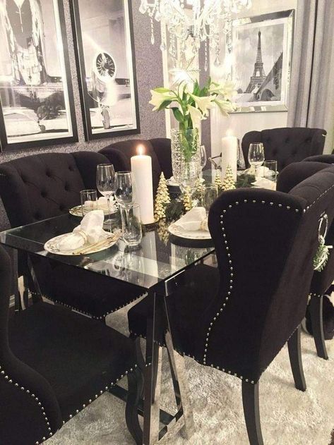 Black Dining Room Furniture, Black Dining Room Table, Black Living Room Decor, Black Dining, Black Living Room, Dining Room Table Decor, Black Dining Room, White Dining Room, Luxury Dining Room