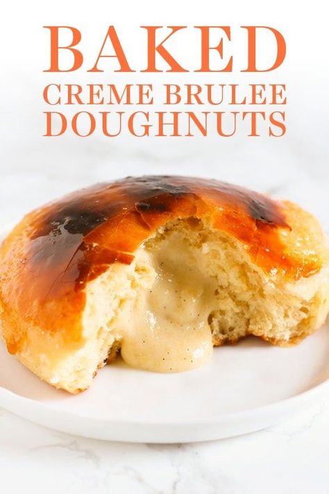 Baked Creme Brulee Doughnuts feature a baked yeast risen doughnut base filled with vanilla bean pastry cream and finished off with a shatteringly crunchy bruleed sugar coating. Easy homemade recipe with instant yeast. YUM! #doughnutrecipe #donutrecipe #cremebrulee #bakeddonut Creme Brulee Donut, Homemade Donuts, Doughnut Recipe, Easy Homemade Recipes, Pastry Cream, Homemade Recipe, Donut Recipes, Instant Yeast, Cheap Meals