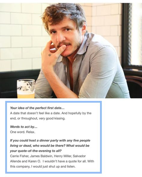 Pedro Pascal - New Potato 2014 Written & photograped by Danielle Kosann #Pedropascal #pedropascaledit #welovepedropascal #pedropascalfan #pedropascalfanaccount #massivetallent #dindjarin #themandalorian #agentwhiskey #oberynmartell #pedropascaldaily #redviper #hbothelastofus #narcos #javierpeña #pascalispunk Pedro Pascal 2014, Pedro Pascal Girlfriend, The Uninvited, Gorgeous Guys, James Baldwin, Henry Miller, New Potato, Carrie Fisher, Favorite Actors