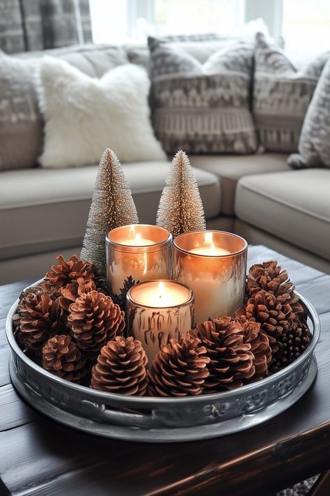 30 Best Christmas Centerpieces To Recreate This Holiday Season Christmas Wood Tray Decor, Diy Christmas Coffee Table Decor, Winter Coffee Table Tray, Holiday Coffee Table Decor Christmas, Coffee Table Holiday Decor, Christmas Mason Jars Centerpieces, Round Christmas Centerpieces, Cabin Table Centerpiece, Minimalist Christmas Table Decor