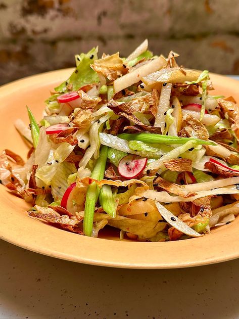 Extra Crispy Yuba Salad with Sesame Vinaigrette Yuba Recipe, Kohlrabi Slaw, Sesame Vinaigrette, Fried Chicken Skin, Orange Dressing, Crunchy Salad, Cold Salad, Seasoned Rice, Big Bowl