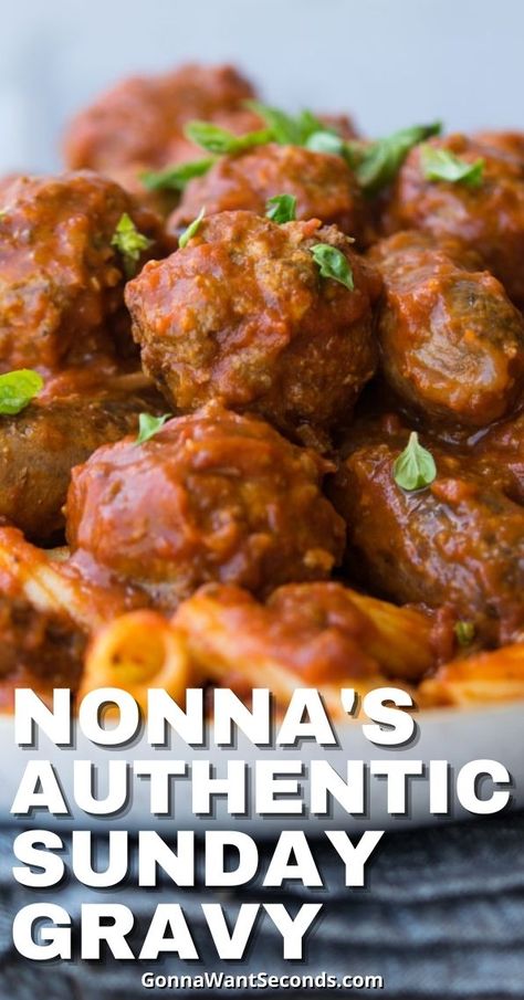 *NEW* Italian Sunday Gravy will get your family to the table like nothing else. Rich, hearty tomato sauce spiked with wine, succulent cuts of pork and meatballs. #SpaghettiSauce #ItalianFood #ItalianSundayGravy #SundayGravy #TomatoSauce #GrandmasRecipe #Meatballs #Pasta Meatballs And Tomato Gravy, Italian Meat Sauce Sunday Gravy, Sunday Italian Gravy, Sunday Sauce Recipe Italian, Italian Meatballs And Gravy, Sunday Gravy Authentic, Sunday Sauce And Meatballs, Italian Gravy Authentic, Sunday Gravy Recipe Italian