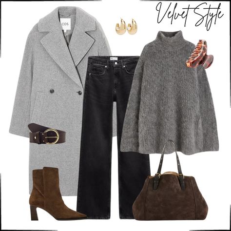 Winter Neutrals & Earthy Accents! ❄️👜 Welcoming the chilly vibes with this cozy winter ensemble! A stylish gray coat and matching sweater set the tone for a chic and warm look. Elevate the outfit with rich brown accessories—a sleek handbag and heeled ankle boots for that perfect touch of earthy charm. Ready to conquer the season with style and warmth! 🧥👢 • Coat | Cos 1121928004 • Sweater | H&M 1196025001 • Denim | Zara 6045/129 • Bag | Gérard Darel • Heels | Zara 2128/210 • Earrings | Strad... Winter Neutrals, Gray Coat, Velvet Style, Outfit Zara, Brown Accessories, Winter Neutral, Matching Sweaters, Grey Outfit, Grey Coat