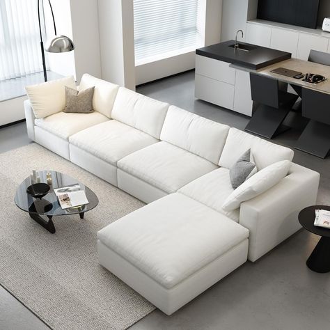 Modular Sectional Sofa with Storage Ottoman, 160" Down Filled Comfort L Shaped Sofa Couch, Wide Deep Rug For U Shaped Sectional, Sectional Living Room Couch, Sectional Couches Living Room, Sectional Recliner Living Room, White Sectional Living Room Ideas, Low Back Couch, Sectional And Recliner Living Room, L Couch Living Room, Couch Ideas Living Room