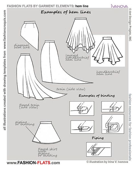 examples hem lines - Good site for types of fashion styles and how ... Draw Clothes, Fashion Design Drawing, What Is Fashion, Fashion Vocabulary, Techniques Couture, Line Art Design, Illustration Fashion Design, Pattern Drafting, Technical Drawing