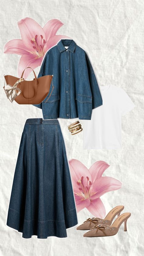 Embrace effortless modest style with this chic denim-on-denim look! Perfectly balancing comfort and sophistication, this outfit pairs a classic denim jacket with a long, flowy denim skirt for a timeless, laid-back vibe. Whether you’re running errands or meeting friends, this versatile ensemble keeps you covered while staying on-trend. Complete the look with neutral accessories for that fresh, minimalist touch Flowy Denim Skirt, Denim On Denim Looks, Neutral Accessories, Modest Style, Denim On Denim, Classic Denim Jacket, Denim Chic, Modest Fashion, Running Errands